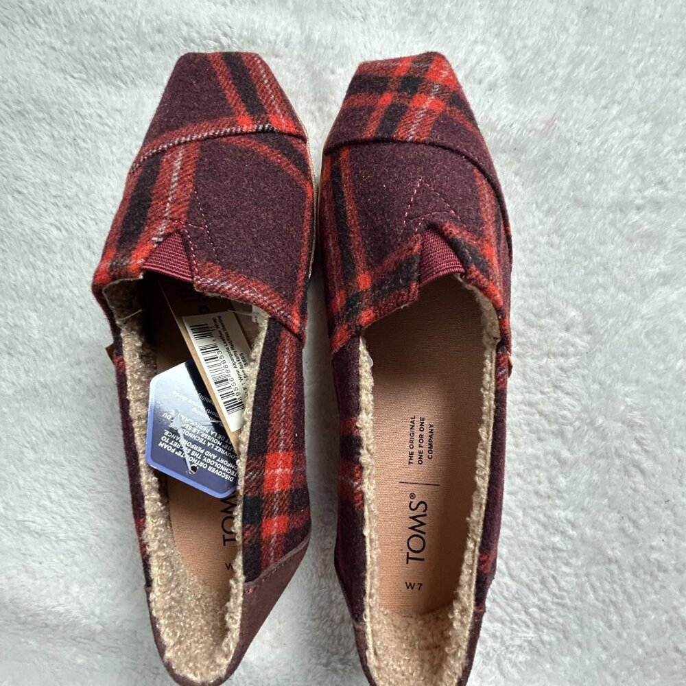 Toms Alpargata Leather Wrap Red Plaid Slip-On Shoes Faux Shearling Lined Flats 7